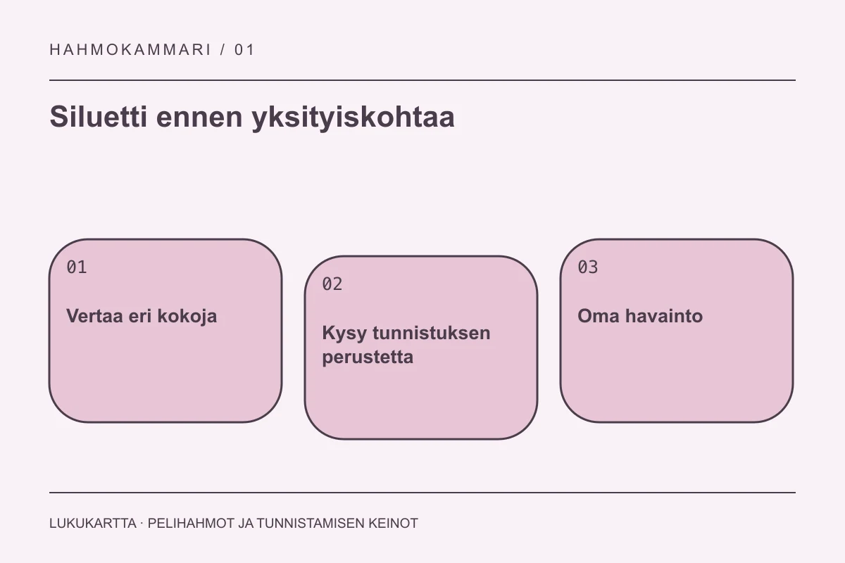 Lukukartta: Siluetti ennen yksityiskohtaa. Vertaa eri kokoja, Kysy tunnistuksen perustetta, Oma havainto.