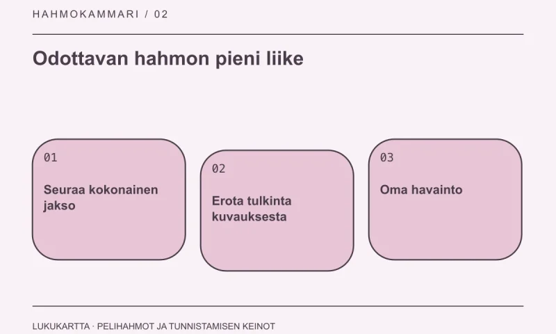 Lukukartta: Odottavan hahmon pieni liike. Seuraa kokonainen jakso, Erota tulkinta kuvauksesta, Oma havainto.