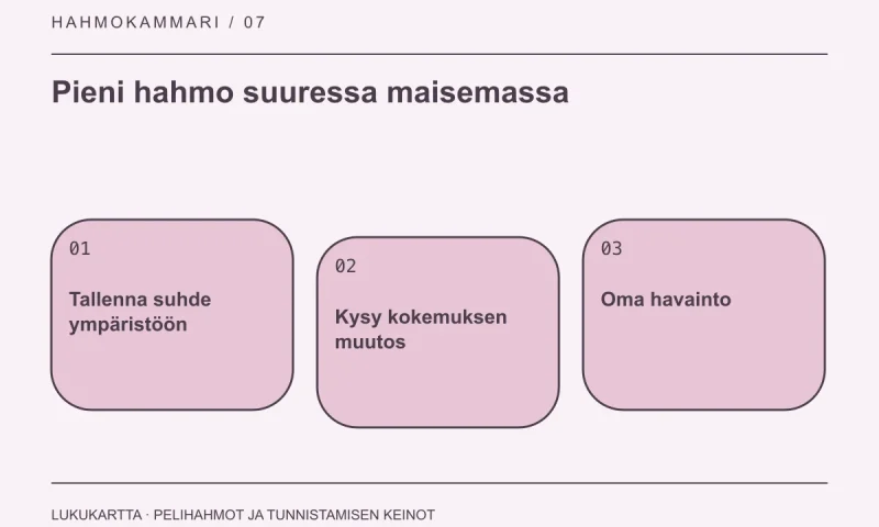 Lukukartta: Pieni hahmo suuressa maisemassa. Tallenna suhde ympäristöön, Kysy kokemuksen muutos, Oma havainto.